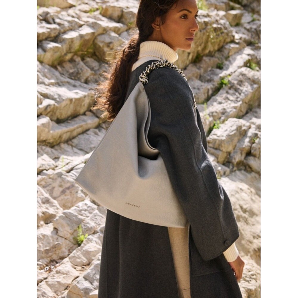 ORCIANI Todo Sense Dollar Leather Shoulder Bag Light Grey Made in Italy